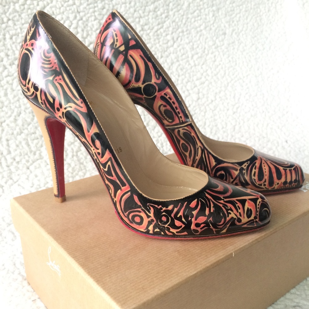 Christian Louboutin Decolette Jazz Calf Camel Pumps with Original Art Work